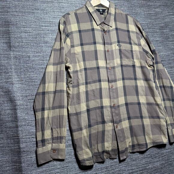 Volcom Shirt Men's Large Brown Plaid Long Sleeve Button Up - Picture 5 of 14
